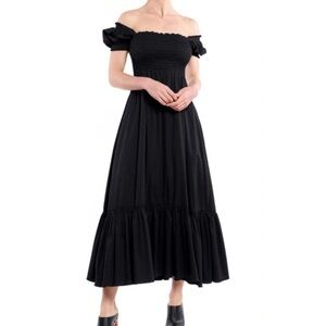 La Ligne Ariel Pinstripe Puff Sleeve Midi Dress Size XL In Tonal Black Stripes